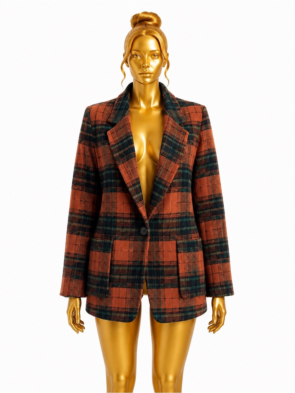 Fashion Nova Plaid Single-Button Blazer in Rust and Dark Green